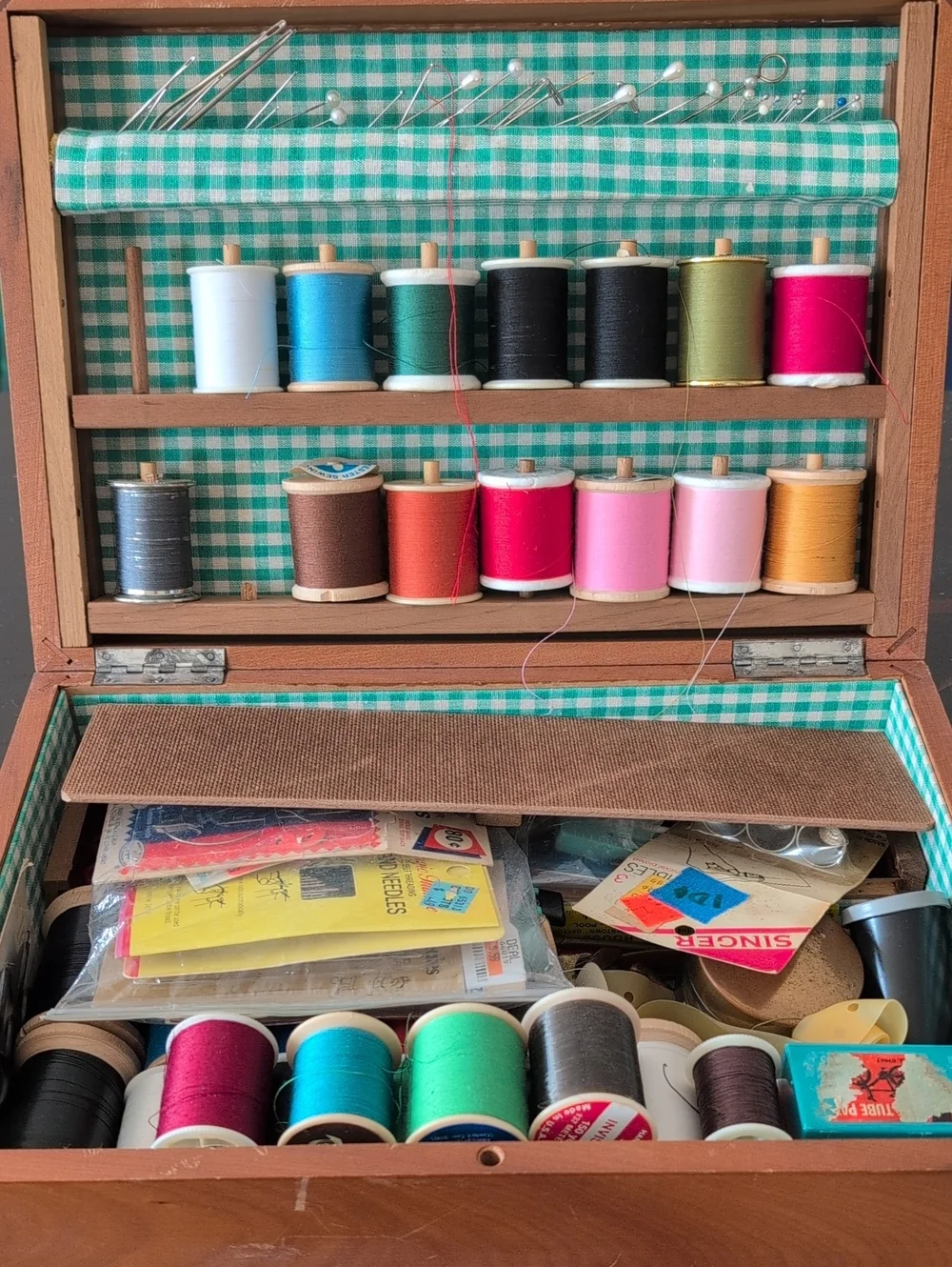 Vintage Wooden Box Sewing Kit Full Of Vintage Supplies.
